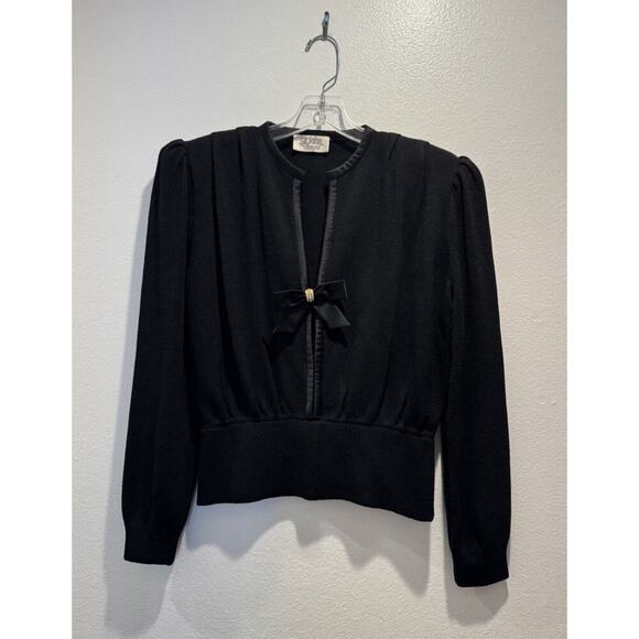 Vintage ST. JOHN Santana Knit Evening Top Women’s Black Satin Bow Retro Bling - Picture 2 of 11